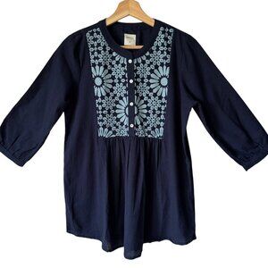 Akkriti Navy Tunic Top Cotton Linen Blend Floral Popover 3/4 Sleeve Button cuff